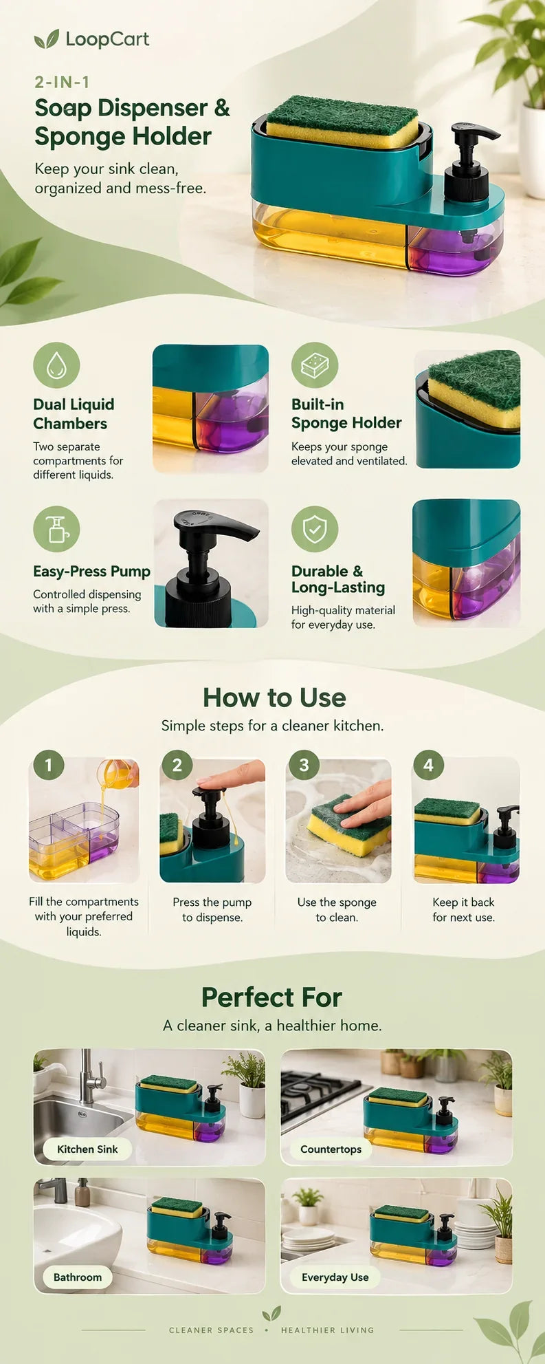 3-in-1 Soap Dispenser & Dish Scrubber Holder