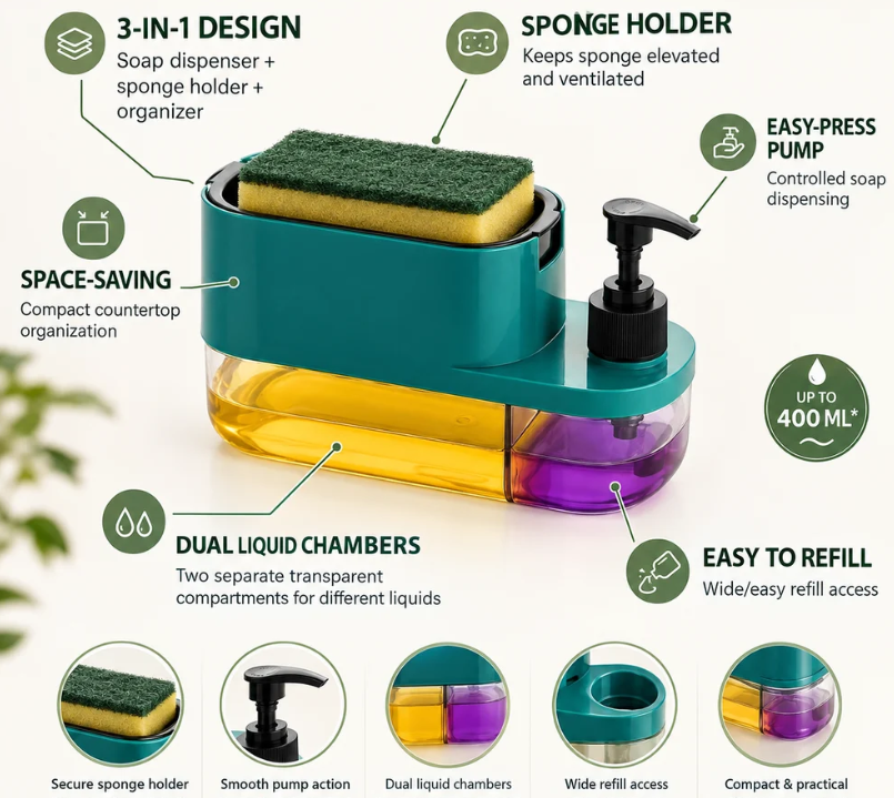 3-in-1 Soap Dispenser & Dish Scrubber Holder